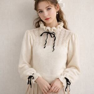 ZARA Ivory Lace Knit Sweater Ruffle Collar Bow Coquette Preppy Academia Medium